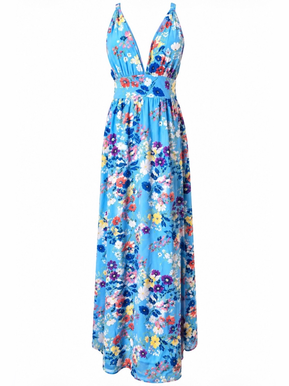 Yumi Kim 100% Silk Blue Floral Plunge Neck Maxi Dress S